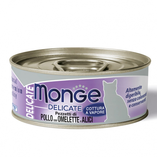 MONGE CAT DELICATE POLLO OMELETTE E BIANCHETTI LATTINA 80 GR