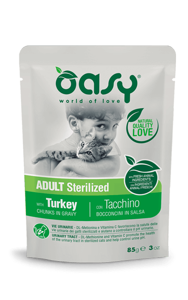 OASY CAT BOCCONCINI STERILIZED TACCHINO BUSTINA 85 GR