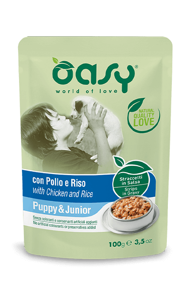 OASY DOG STRACCETTI PUPPY POLLO E RISO BUSTINA 100 GR