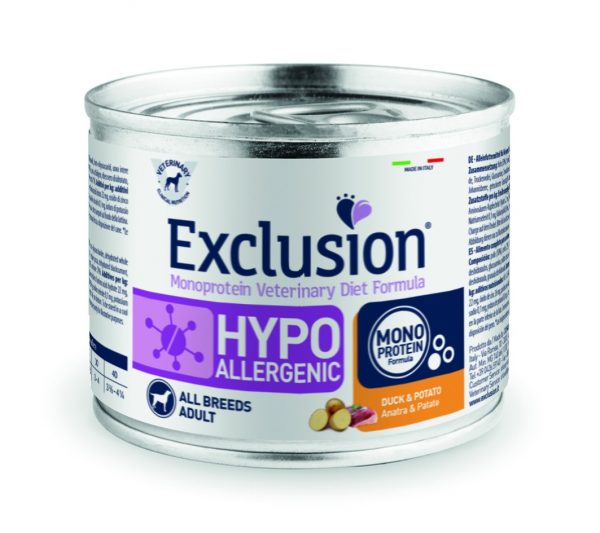 EXCLUSION DOG HYPO ANATRA E PATATE LATTINA 200 GR