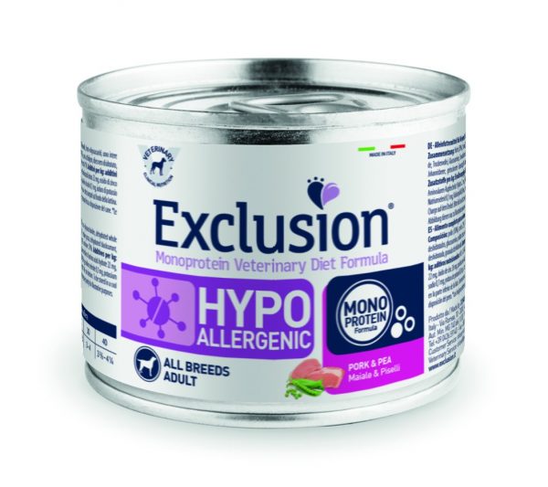 EXCLUSION DOG HYPO MAIALE E PISELLI LATTINA 200 GR
