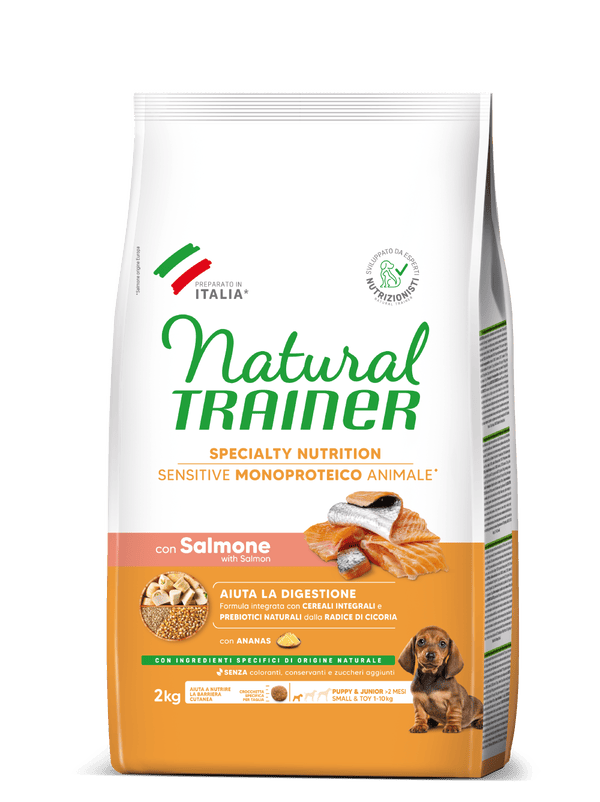 Natural Trainer Cane Puppy Salmone e Cereali Monoproteico Small Toy Mini 2 Kg (1)