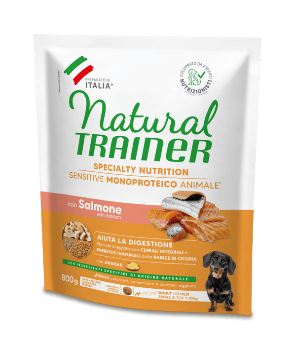 Natural Trainer Cane Salmone e Cereali Monoproteico Adult Small e Toy Mini 800 Gr (1)