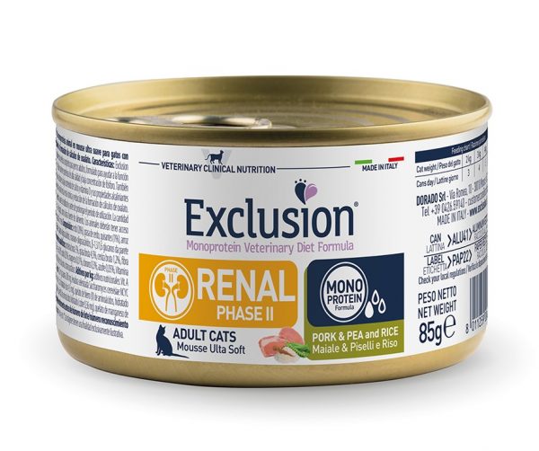 EXCLUSION CAT RENAL FASE 2 MAIALE PISELLI E RISO 85 GR
