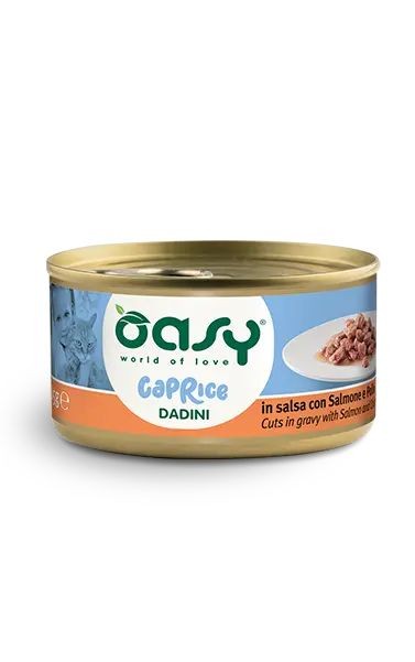 OASY CAT CAPRICE DADINI SALMONE E POLLO LATTINA 85 GR